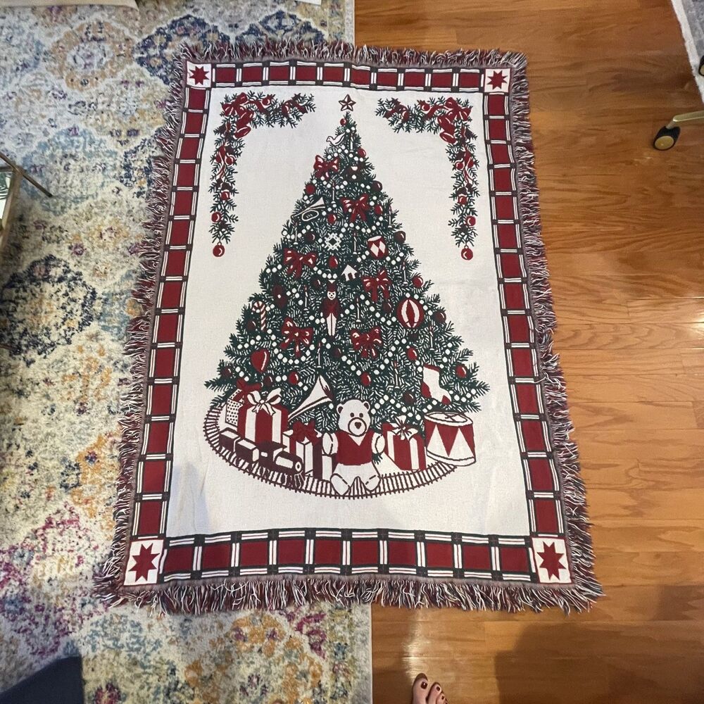 VTG Woven Tapestry Christmas Blanket Reversible Tree Bear Train Victorian Trad